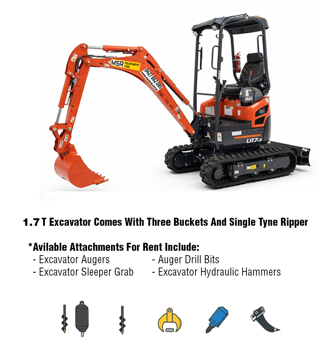MSR EQUIPMENT HIRE | 1.7t Excavator avilabe attachments hire 02