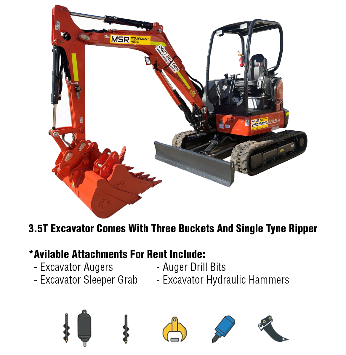 MSR EQUIPMENT HIRE | 3.5t Excavator avilabe attachments hire 01